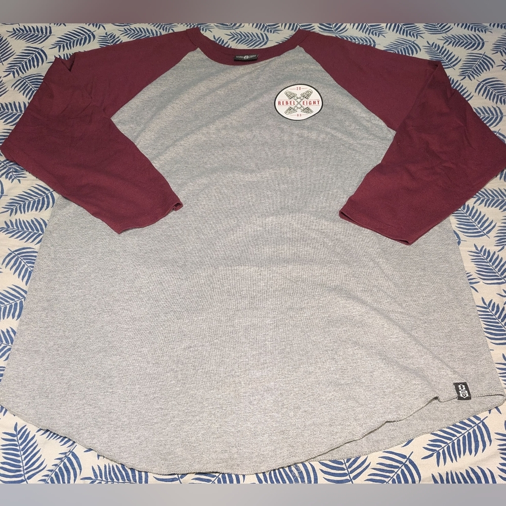 Rebel8 Gray and Maroon Raglan 3/4 Sleeve Men's Shirt - Picture 2 of 7